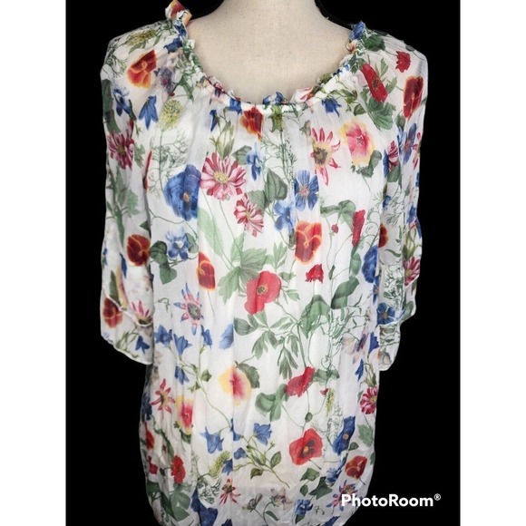 Bellambra 100% Silk Italian Floral Peasant Sheer Lined Blouse Top Size L - Picture 2 of 10